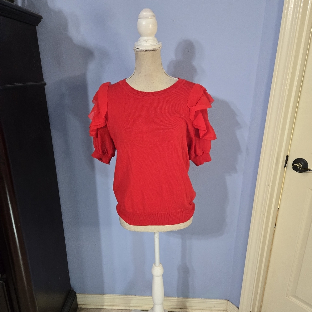Nanette Lepore Large Red Ruffle Sleeve Pullover Top